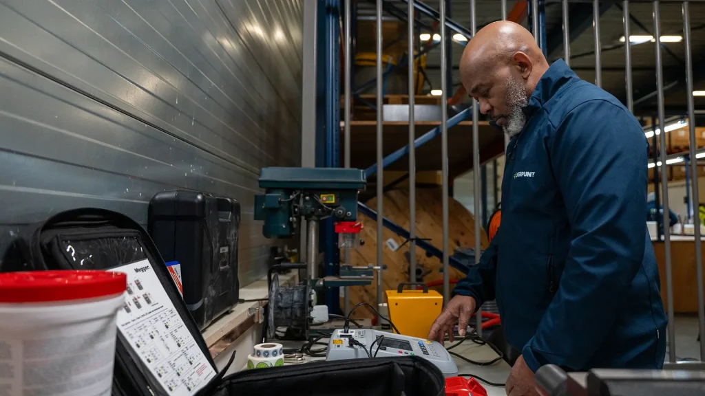 Monteur voert elektrische meting uit in werkplaats met testapparatuur.